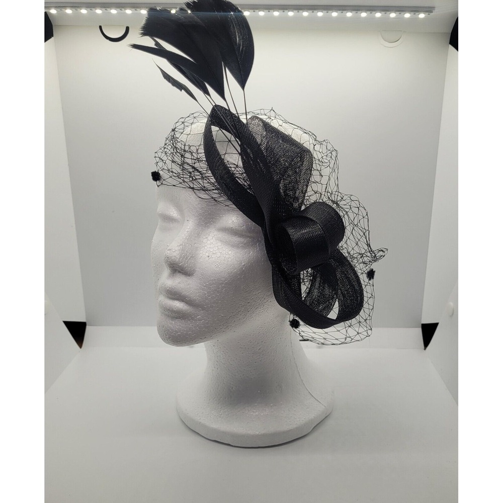 Lace Black Veil Bow With Feather  Woman Gloves Earrings 3 Pcs